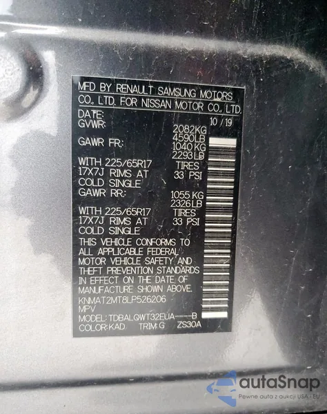 2020 Nissan Rogue S z USA, uszkodzony, nr VIN KNMAT2MT8LP526206